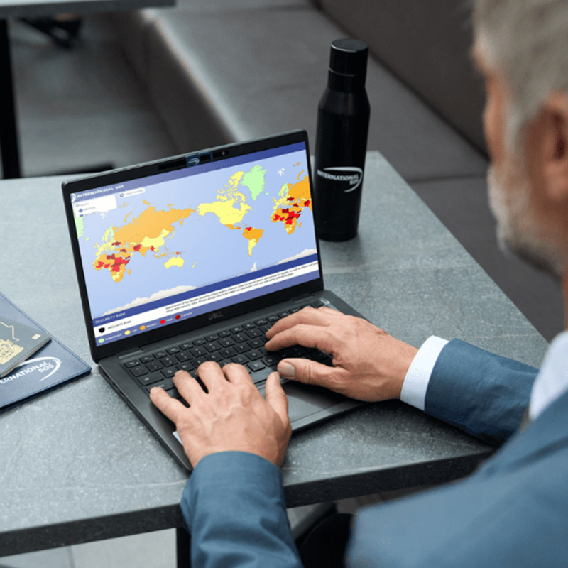 Persona al computer che consulta la Risk Map di International SOS per verificare potenziali rischi di viaggio